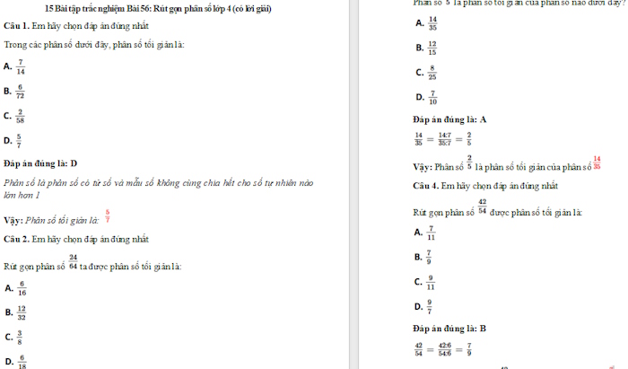 Trắc nghiệm Toán 4 Bài 56: Rút gọn phân số