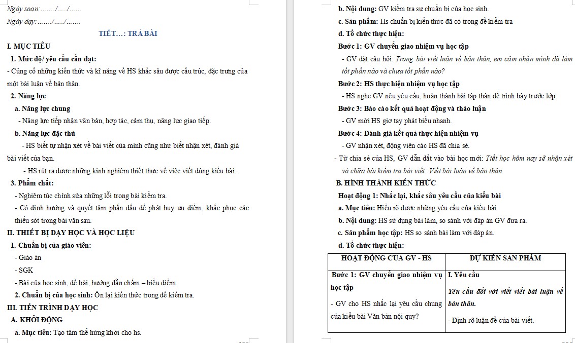 KHBD Ngữ văn 10 Bài 9 Tiết trả bài