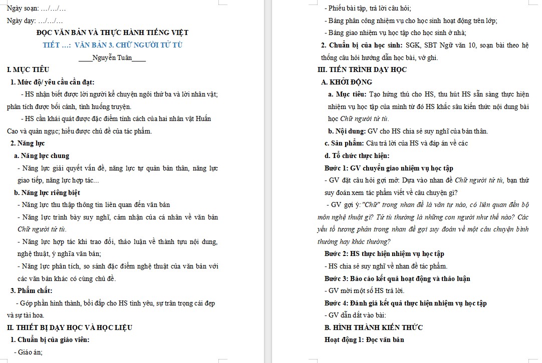 KHBD Ngữ văn 10 Bài Chữ người tử tù