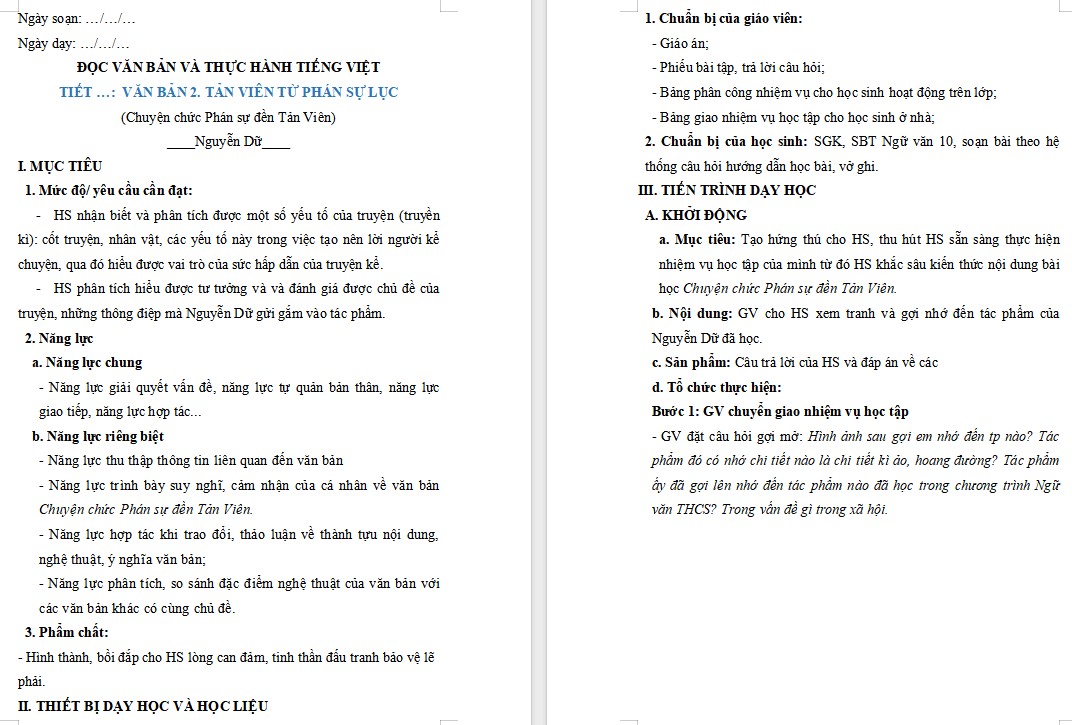 KHBD Ngữ văn 10 Bài Tản Viên từ Phán sự lục