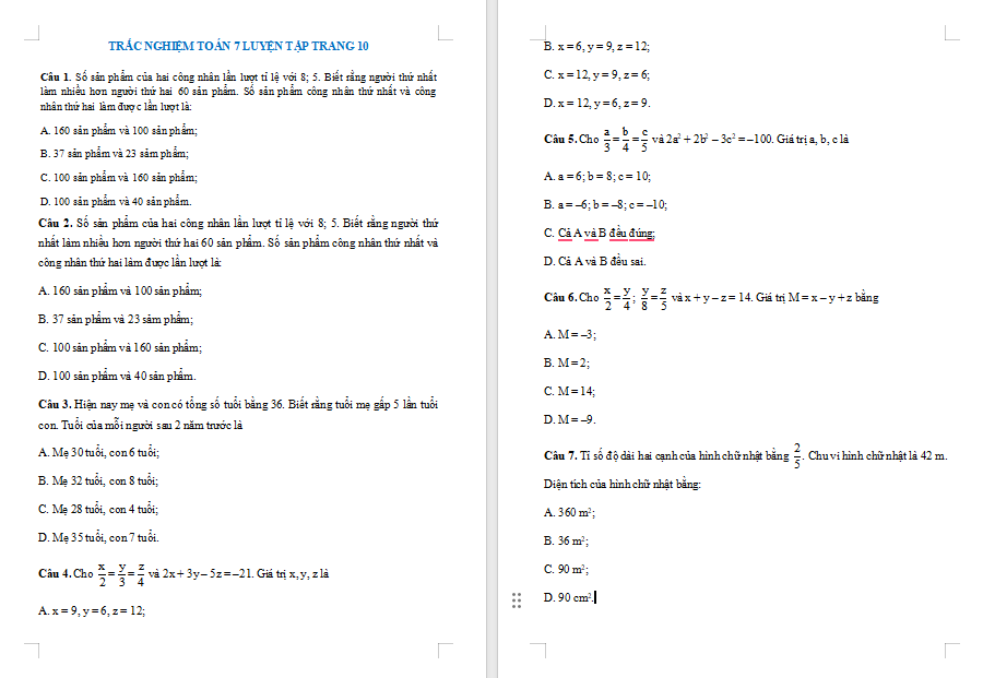 Trắc nghiệm Toán 7 Luyện tập chung trang 10