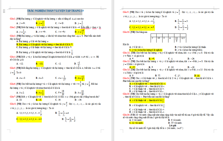 Trắc nghiệm Toán 7 Luyện tập chung trang 19