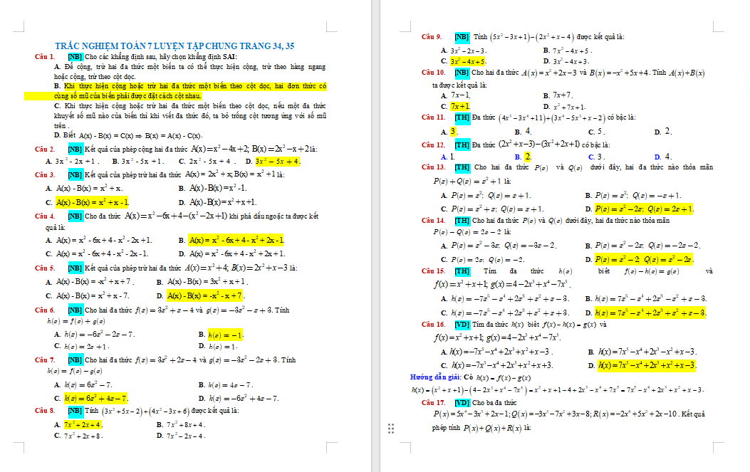 Trắc nghiệm Toán 7 Luyện tập chung trang 34