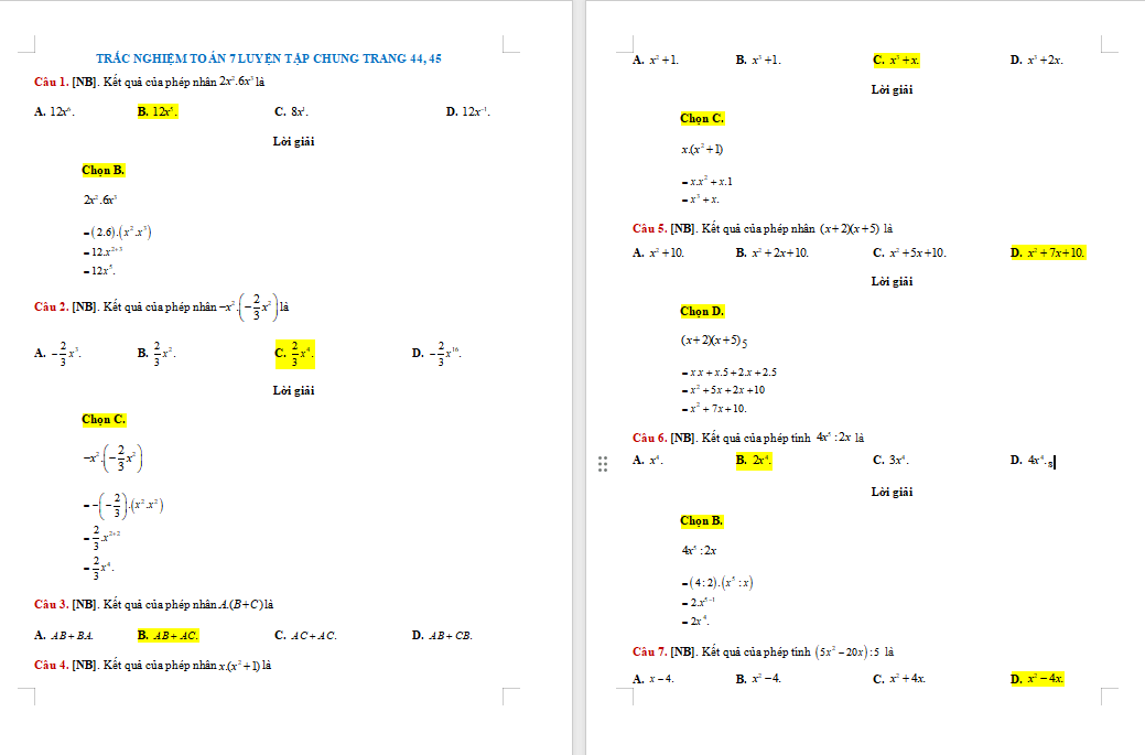 Trắc nghiệm Toán 7 Luyện tập chung trang 44