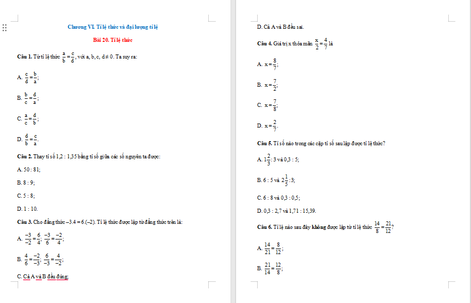 Trò chơi khởi động Toán 7 Bài 20: Tỉ lệ thức