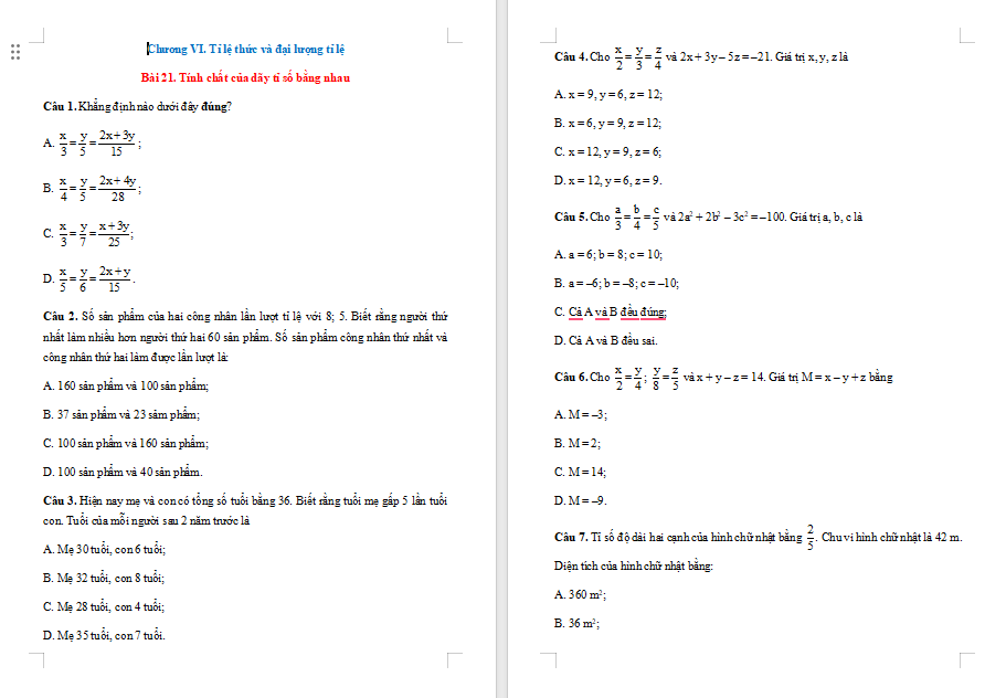 Trò chơi khởi động Toán 7 Bài 21: Tính chất của dãy tỉ số bằng nhau