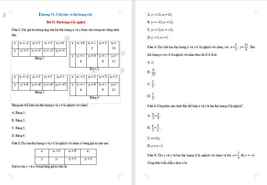 Trò chơi khởi động Toán 7 Bài 23: Đại lượng tỉ lệ nghịch