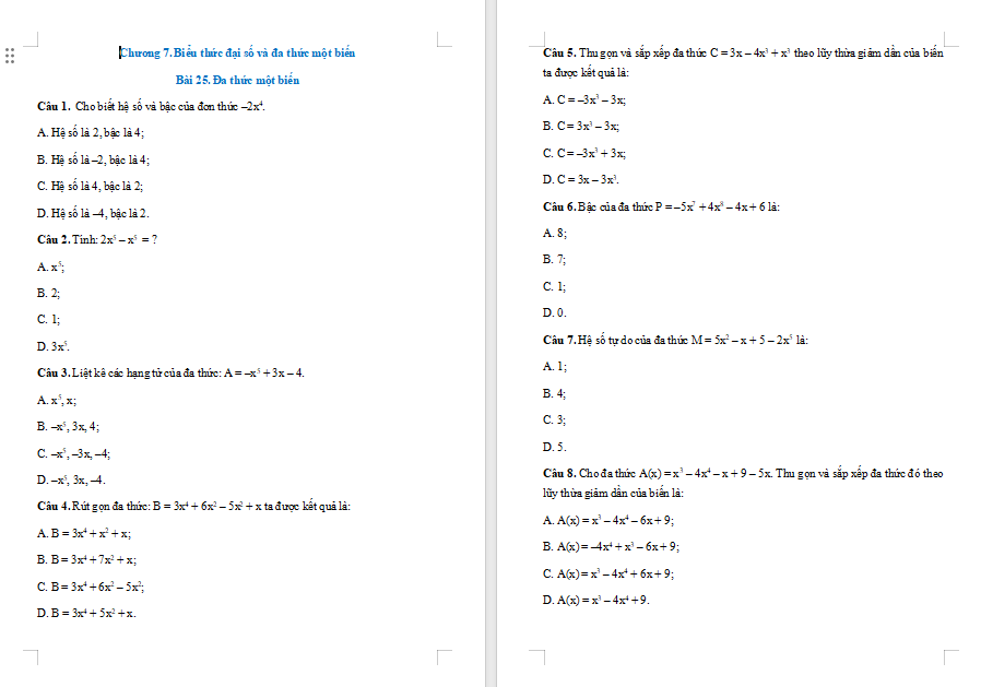 Trò chơi khởi động Toán 7 Bài 25: Đa thức một biến