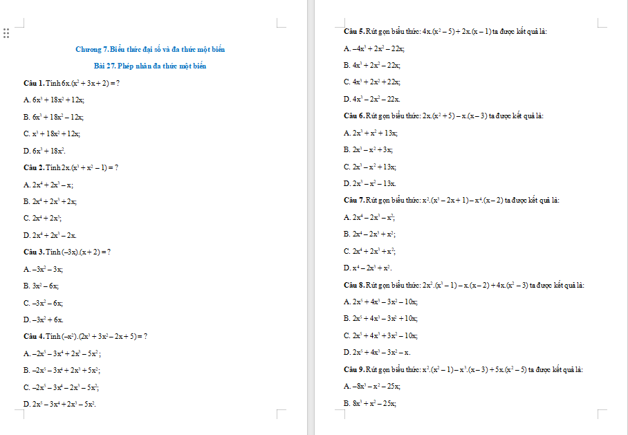 Trò chơi khởi động Toán 7 Bài 27: Phép nhân đa thức một biến