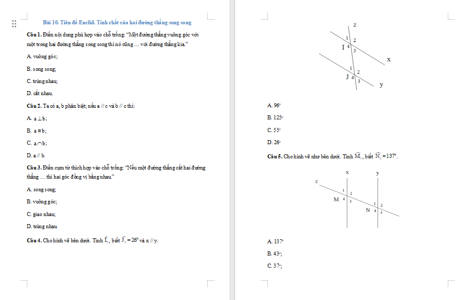 Game Toán 7 Bài 10: Tiên đề Euclid Tính chất của hai đường thẳng song song