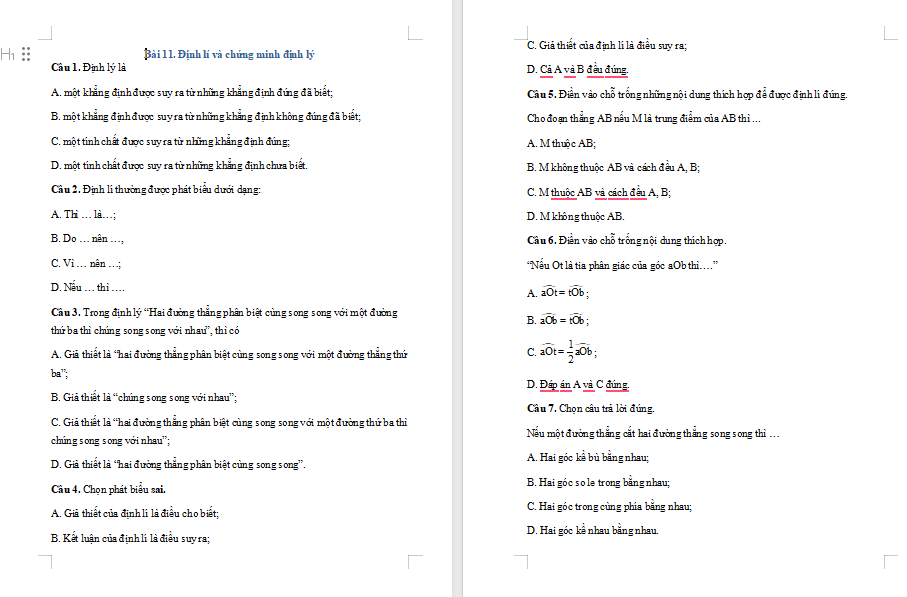 Game Toán 7 Bài 11: Tiên đề Euclid Tính chất của hai đường thẳng song song