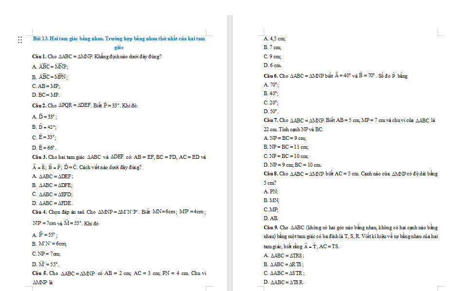 Game Toán 7 Bài 13: Hai tam giác bằng nhau Trường hợp bằng nhau thứ nhất của tam giác