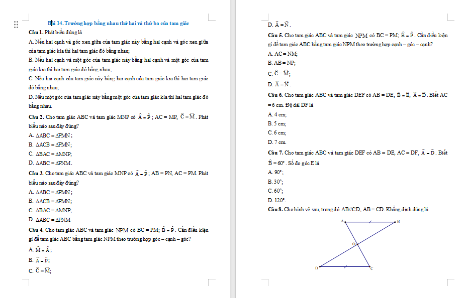 Game Toán 7 Bài 14: Trường hợp bằng nhau thứ hai và thứ ba của tam giác