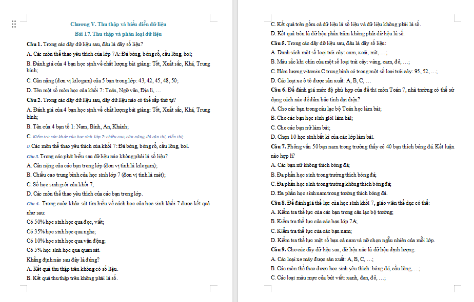 Game Toán 7 Bài 17: Thu thập và phân loại dữ liệu