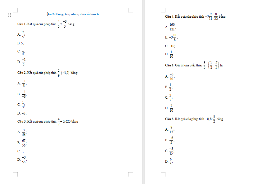 Game Toán 7 Bài 2: Cộng trừ nhân chia số hữu tỉ
