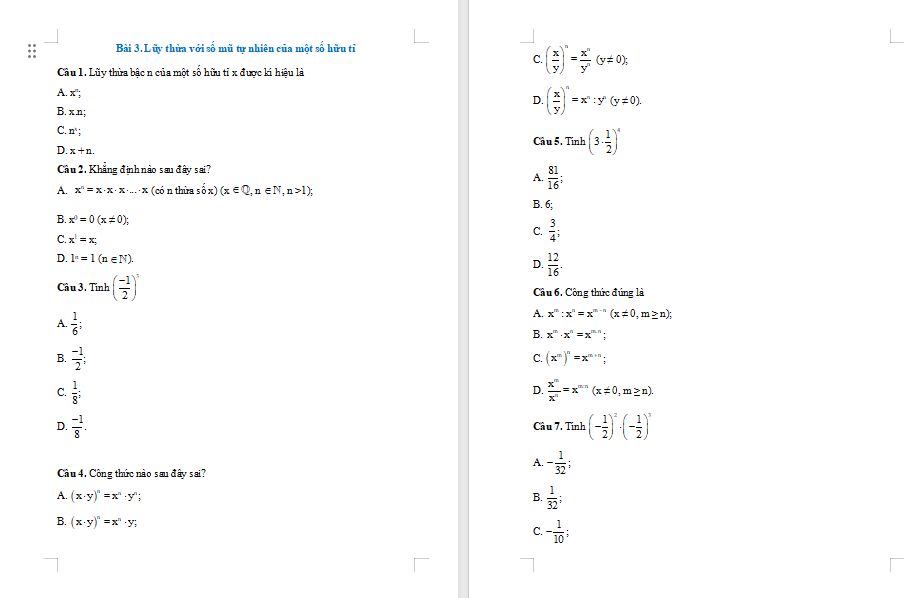 Game Toán 7 Bài 3: Lũy thừa với số mũ tự nhiên của một số hữu tỉ