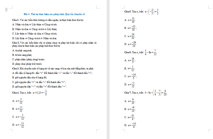 Game Toán 7 Bài 4: Thứ tự thực hiện các phép tính Quy tắc chuyển vế
