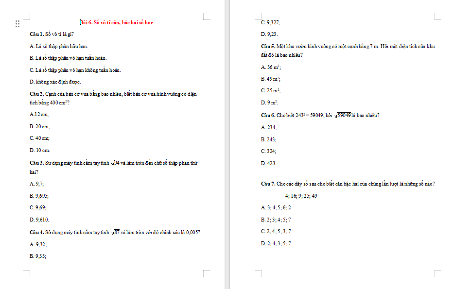 Game Toán 7 Bài 6: Số vô tỉ Căn bậc hai số học