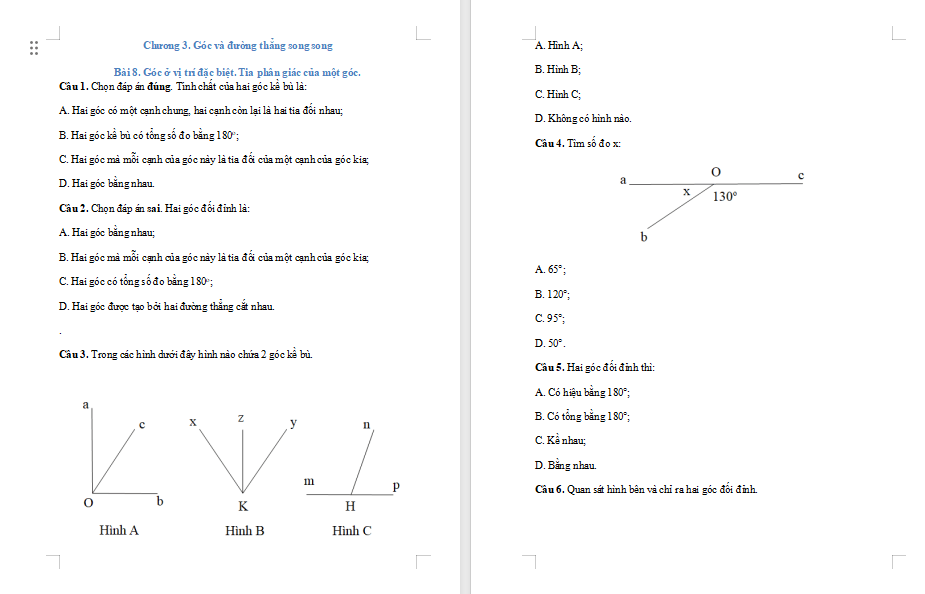 Game Toán 7 Bài 8: Góc ở vị trí đặc biệt Tia phân giác của một góc