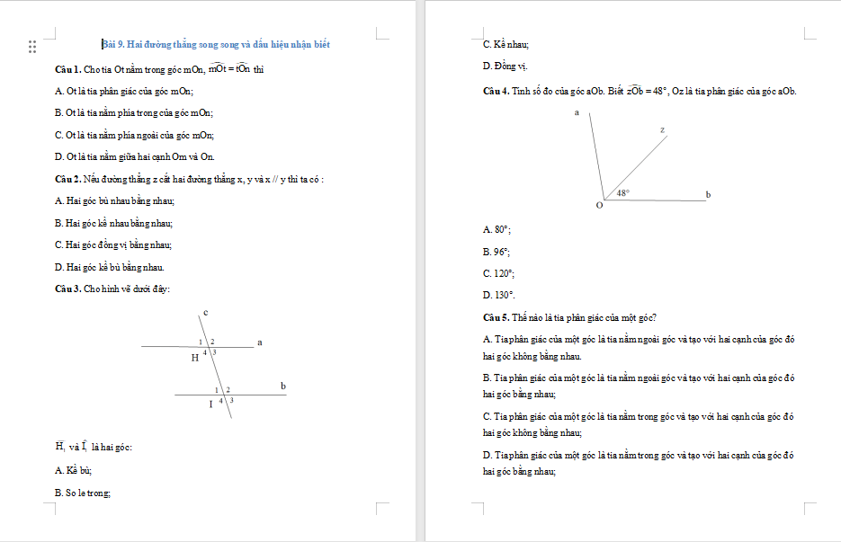 Game Toán 7 Bài 9: Hai đường thẳng song song và dấu hiệu nhận biết