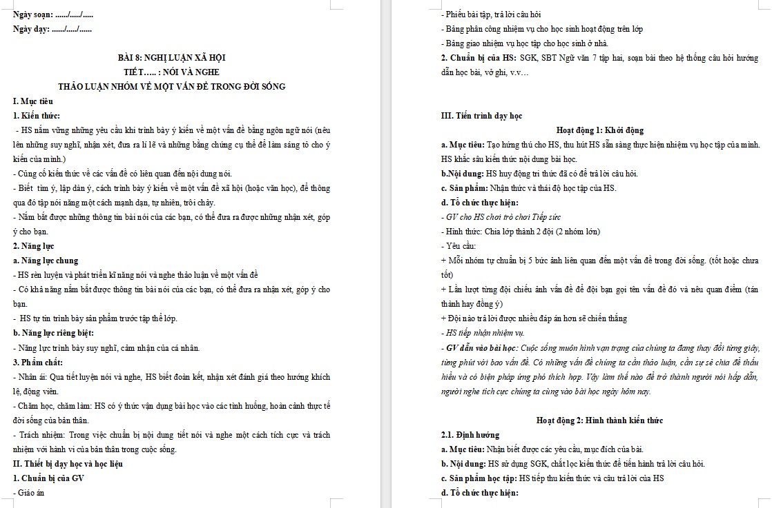 KHBD Ngữ văn 7 Bài Thảo luận nhóm về một vấn đề trong đời sống