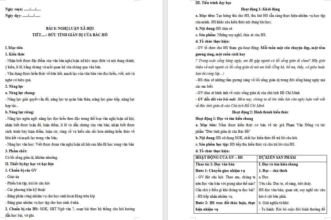 KHBD Ngữ văn 7 Bài Đức tính giản dị của Bác Hồ Cánh Diều