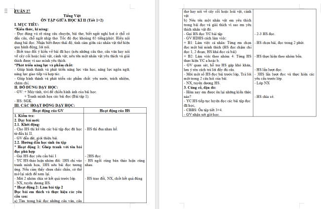 Giáo án Tiếng Việt 2 Ôn tập giữa học kì II (Tiết 1, 2)