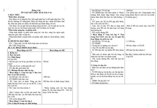 Giáo án Tiếng Việt 2 Ôn tập giữa học kì II (Tiết 3, 4)
