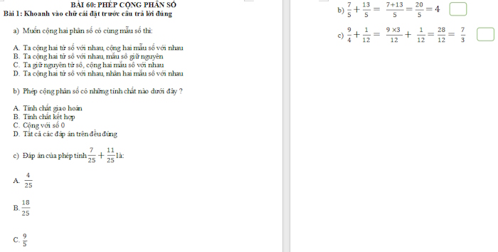 Trắc nghiệm Toán 4 Bài 60: Phép cộng phân số