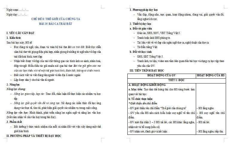 Giáo án Tiếng Việt 5 Bài 25: Bài ca trái đất