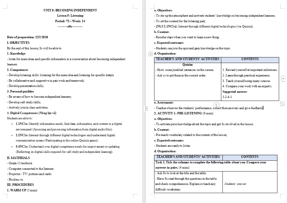 Tiếng Anh 11 Unit 8: Listening