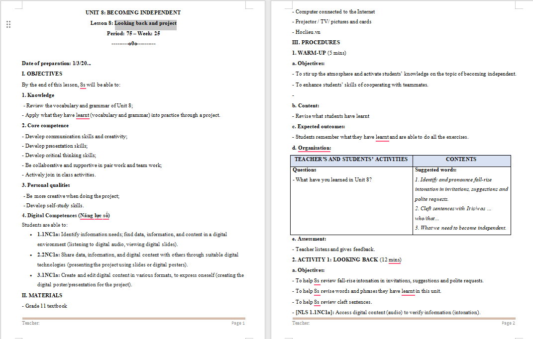 Tiếng Anh 11 Unit 8: Looking Back