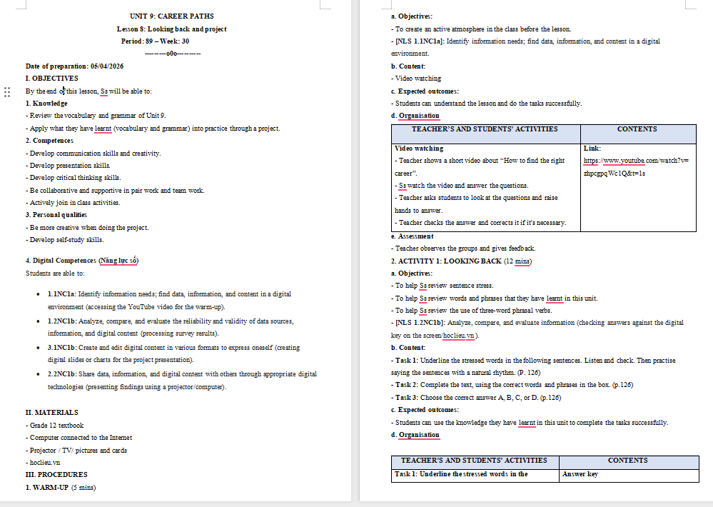 Tiếng Anh 12 Unit 9: Looking Back