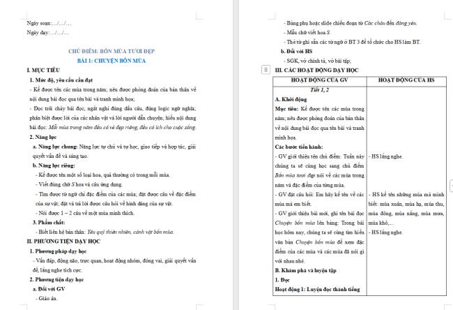 Giáo án Tiếng Việt 2 Bài 1: Đọc Chuyện bốn mùa
