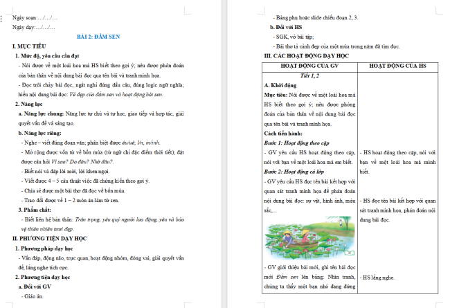 Giáo án Tiếng Việt 2 Bài 2: Nghe - viết Đầm sen. Phân biệt êu/uê, l/n, in/inh