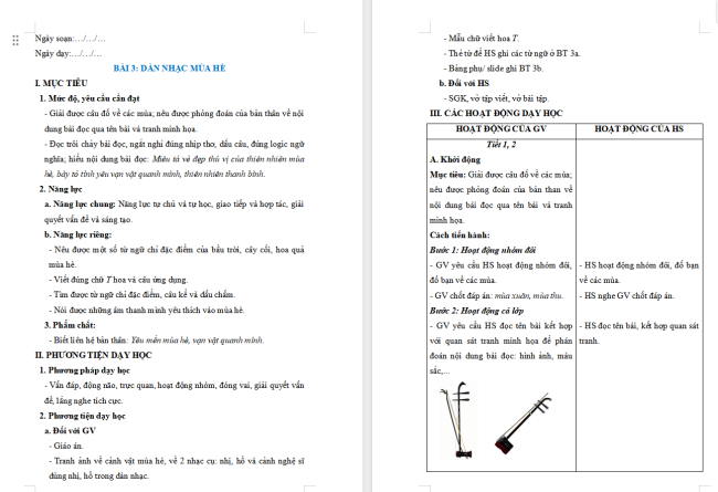 Giáo án Tiếng Việt 2 Bài 3: Đọc Dàn nhạc mùa hè