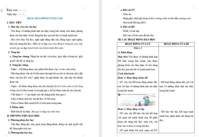 Giáo án Tiếng Việt 2 Bài 4: Đọc Mùa đông ở vùng cao