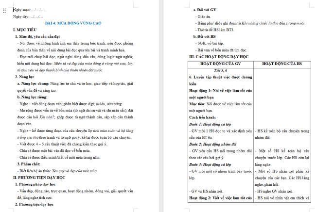 Giáo án Tiếng Việt 2 Bài 4: Luyện tập thuật việc được chứng kiến (tiếp theo)