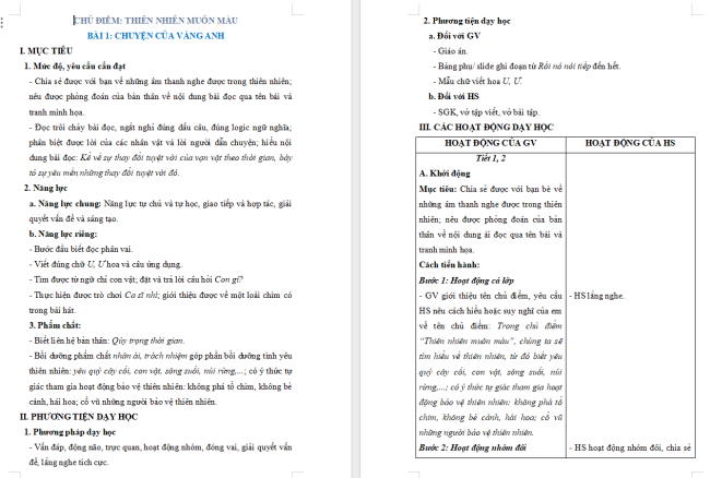 Giáo án Tiếng Việt 2 Bài 1: Đọc Chuyện của vàng anh