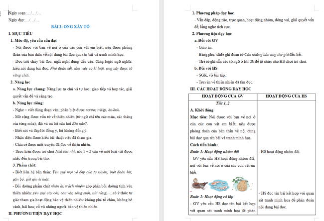 Giáo án Tiếng Việt 2 Bài 2: Nghe - viết Ong xây tổ. Phân biệt ua/uơ, r/d/gi, ên/ênh