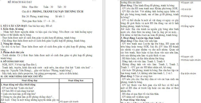 Giáo án Đạo đức 1 Phòng, tránh bỏng