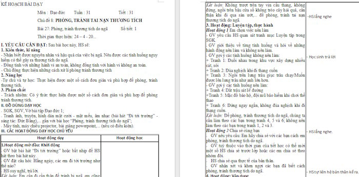 Giáo án Đạo đức 1 Phòng, tránh thương tích do ngã