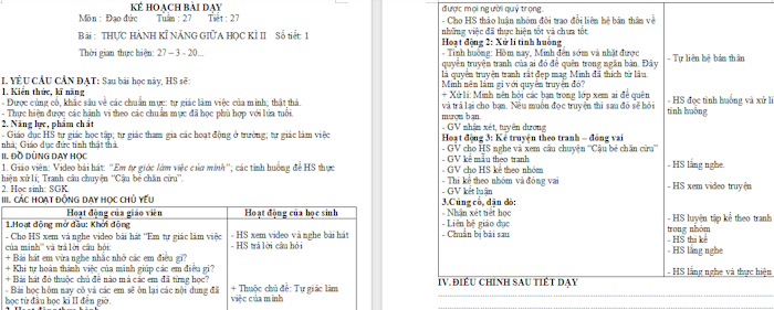 Giáo án Đạo đức 1 Thực hành kĩ năng giữa Học kì 2