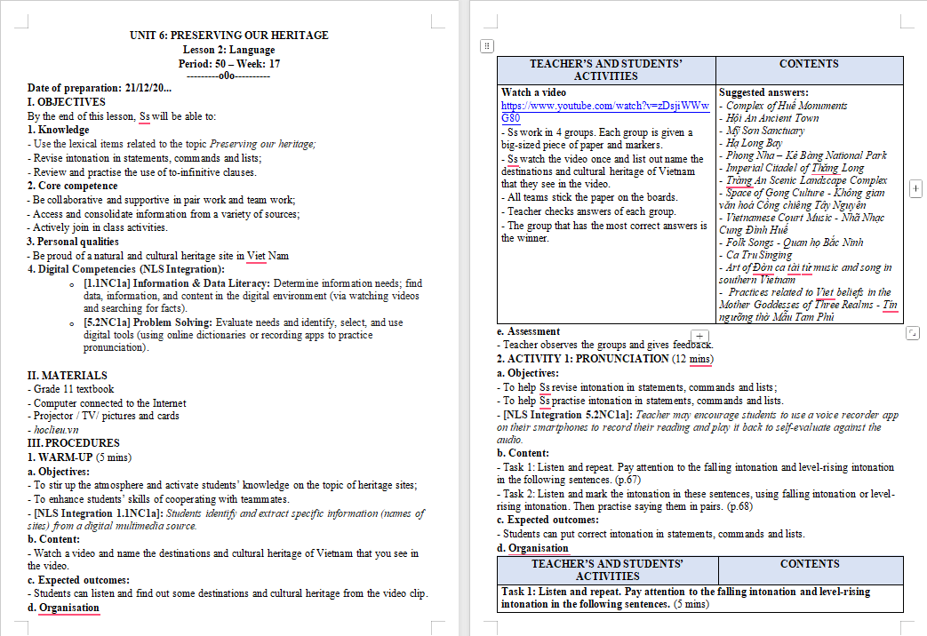 Giáo án Tiếng Anh 11 Unit 6: Language