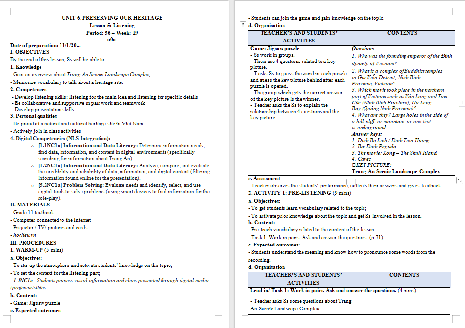 Giáo án Tiếng Anh 11 Unit 6: Listening