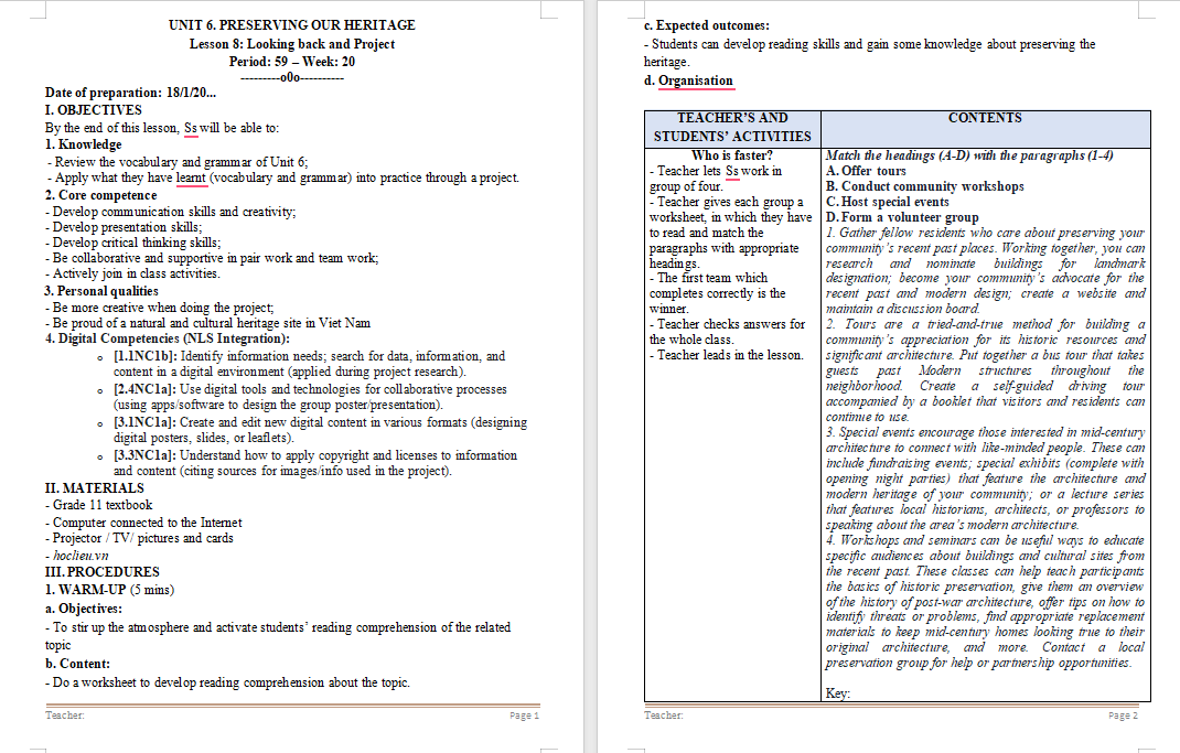 Giáo án Tiếng Anh 11 Unit 6: Looking Back