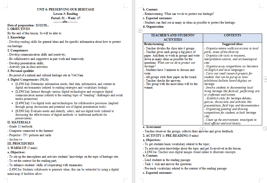Giáo án Tiếng Anh 11 Unit 6: Reading