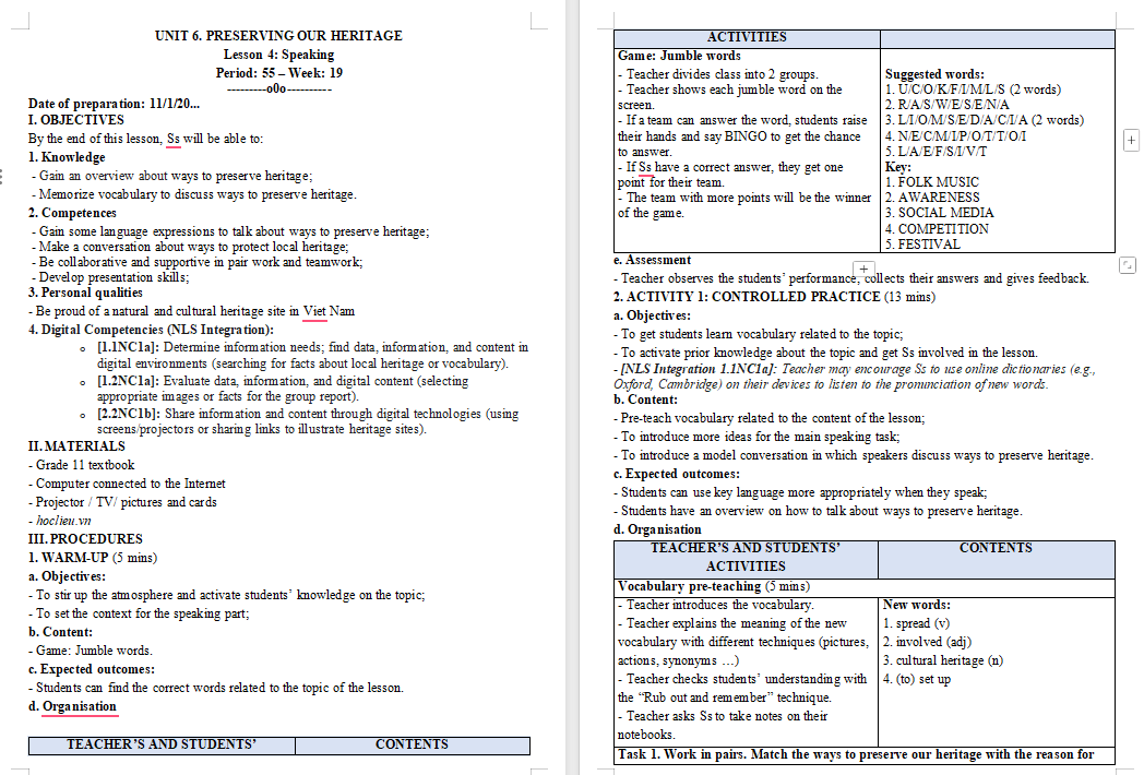 Giáo án Tiếng Anh 11 Unit 6: Speaking
