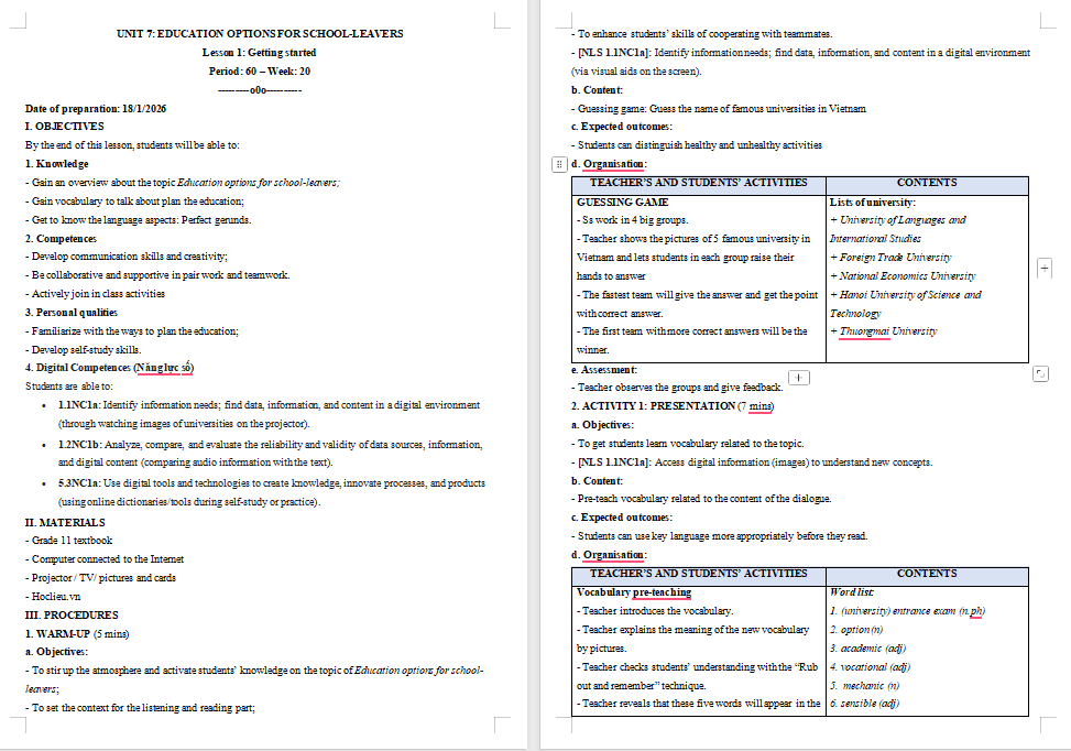 Giáo án Tiếng Anh 11 Unit 7: Getting Started