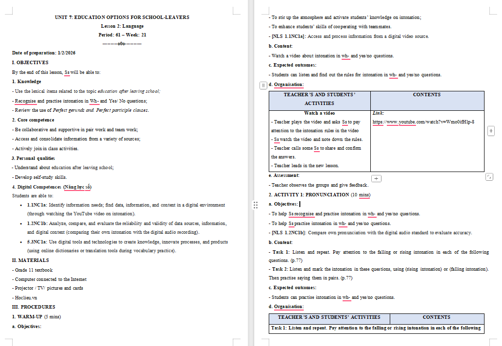 Giáo án Tiếng Anh 11 Unit 7: Language